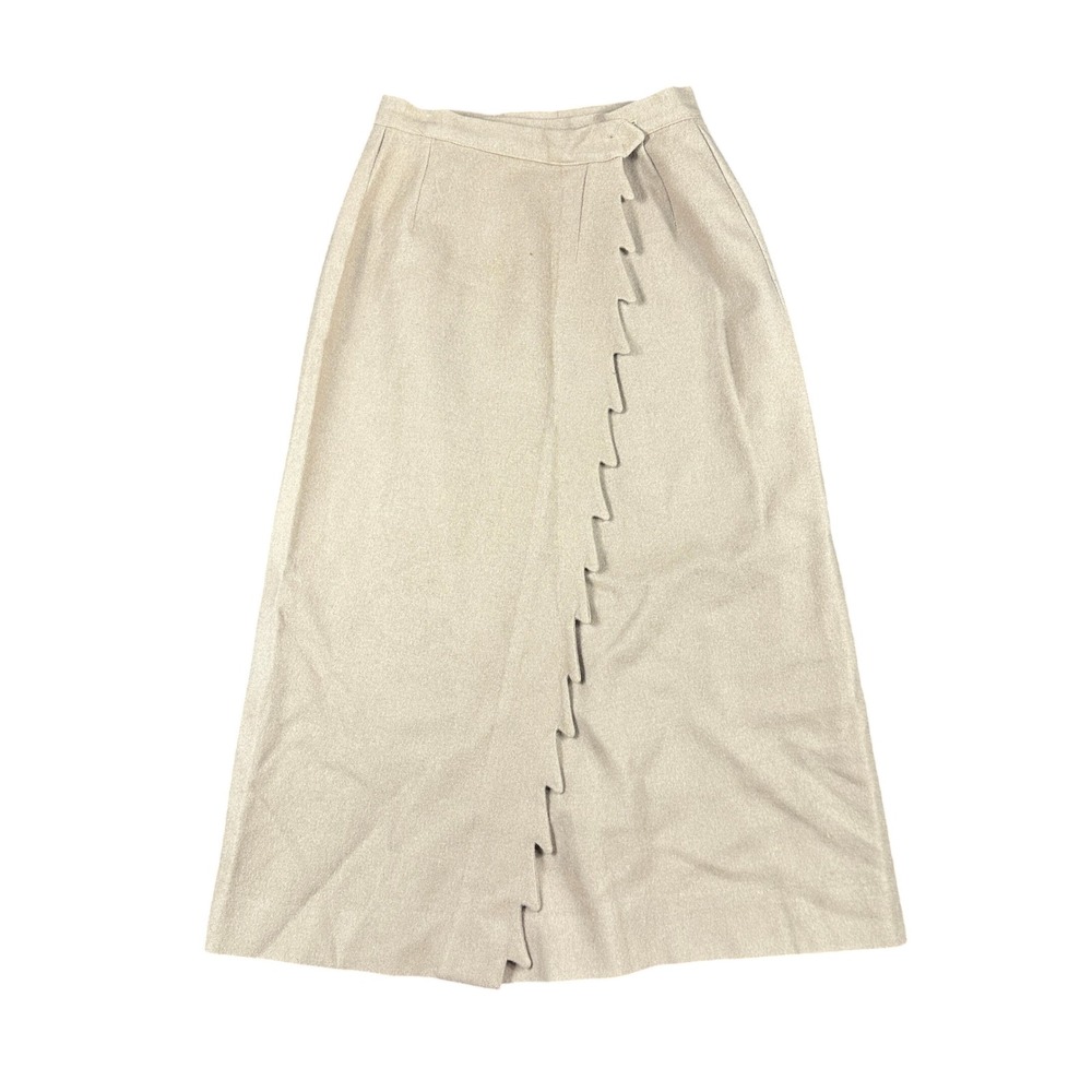 Vintage 60s Wool Midi Skirt Scalloped Beige Cottagecore Dark Academia 27 Waist